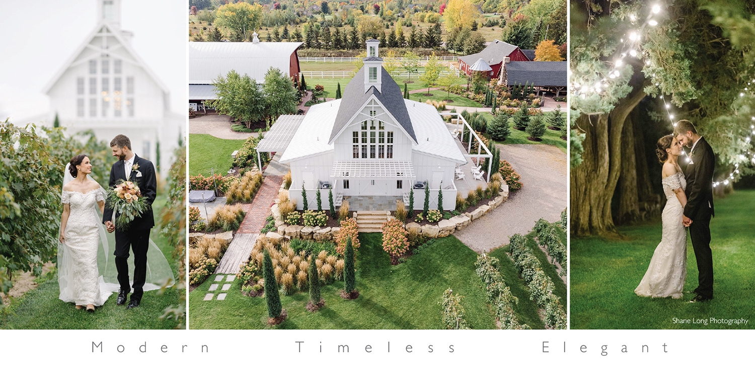 Redeemed Farm's white barn wedding venue in Minnesota, with a newlywed couple walking in the vineyard after their ceremony and under the trees at night.